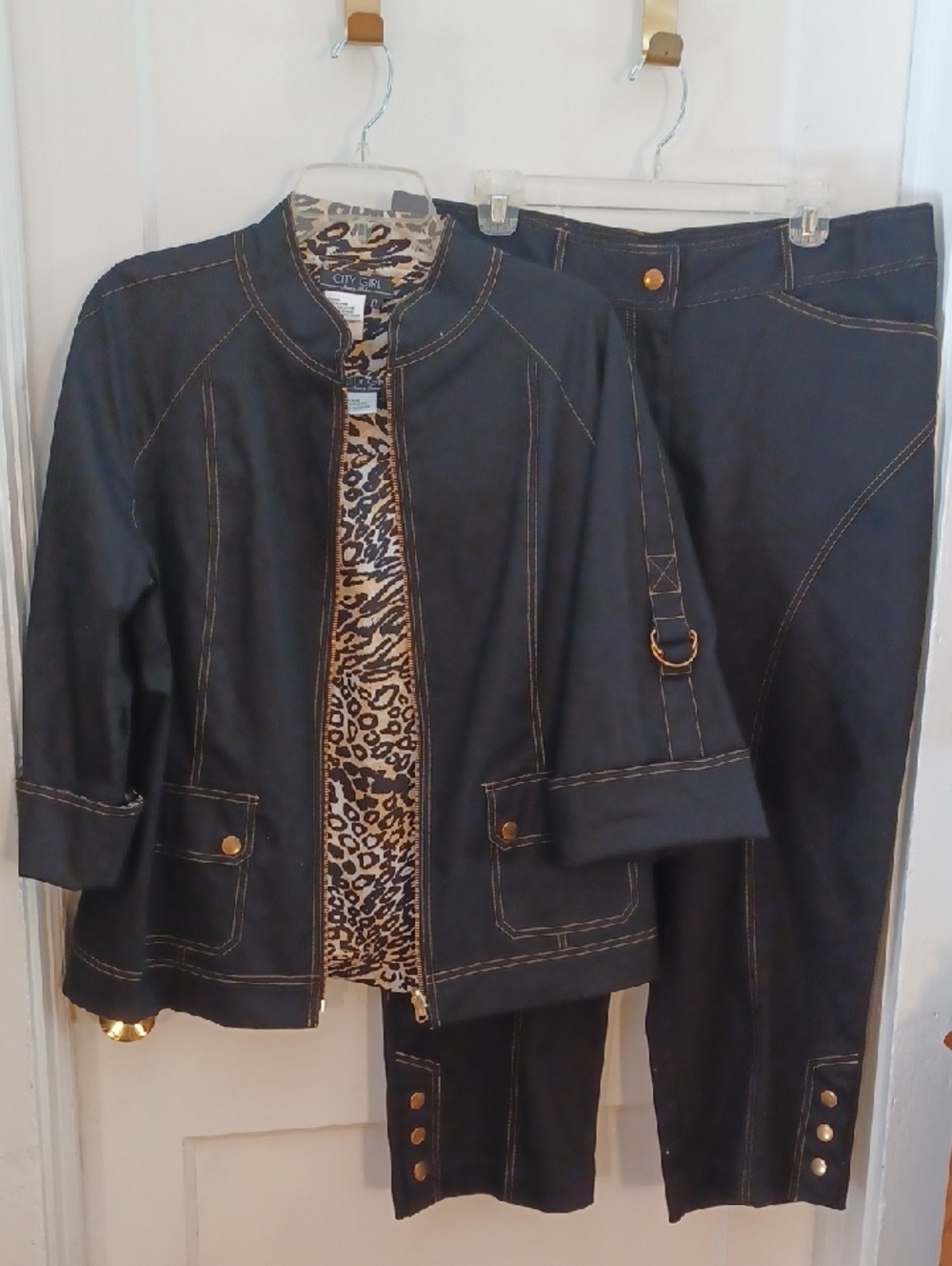 City Girl Black 3 Piece Jacket & Pants Set with Leopard Reversible Jacket